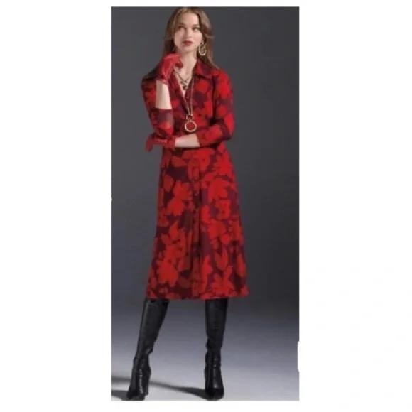 CAbi • “Fire & Ice” Red Floral Button Down Floral Midi Shirt Dress - Picture 13 of 14